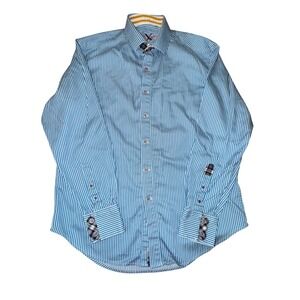 Robert Graham Shirt Mens XL Blue White Striped Contrast Cuff Plaid Business XL
